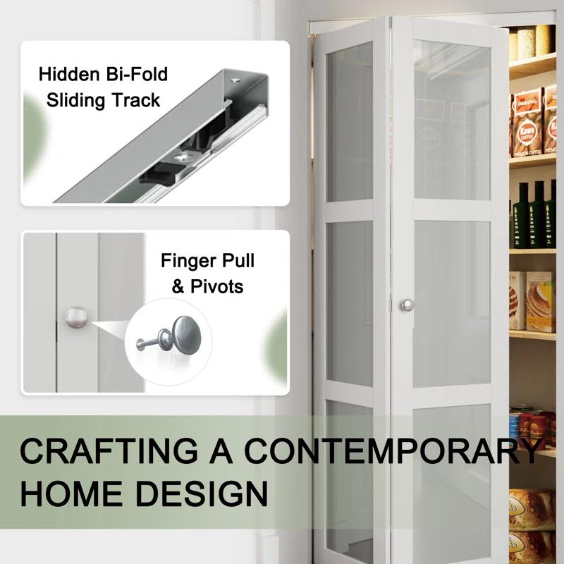 EASELIFE Frosted Glass And Solid Manufactured Wood Bi-Fold Door With Installation Hardware Kit
