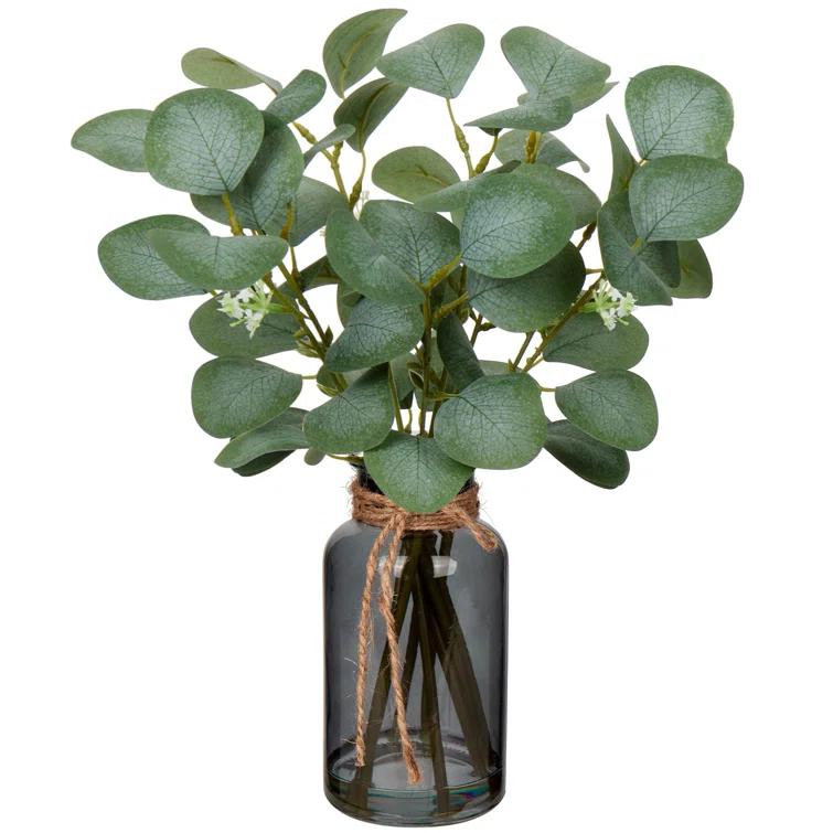 Ophelia & Co. Artificial Eucalyptus Stems In Black Glass Vase With Faux Water, 14" Fake Plant Eucalyptus Leaves For Home Office Farmhouse Wedding Centerpiece Décor