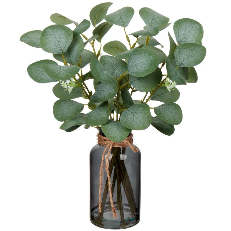 Ophelia & Co. Artificial Eucalyptus Stems In Black Glass Vase With Faux Water, 14" Fake Plant Eucalyptus Leaves For Home Office Farmhouse Wedding Centerpiece Décor