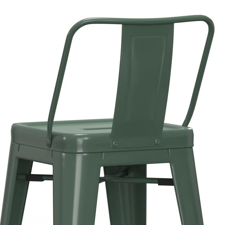 Simpli Home Rayne Metal Industrial Stool with Curved Back, Cross-Brace, and Footrest