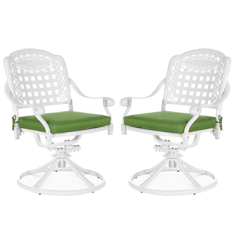 VIVIJASON Vivijason Patio Swivel Dining Chairs Set Of 2, All Weather Cast Aluminum Outdoor Dining Rocker Chairs, Patio Furniture Chair Set With Cushion For Balcony, Lawn, Garden, Backyard, White/green Cushion