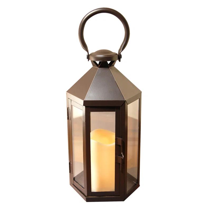 The Holiday Aisle® Black Hexagon Metal Lantern with Battery-Operated Candle