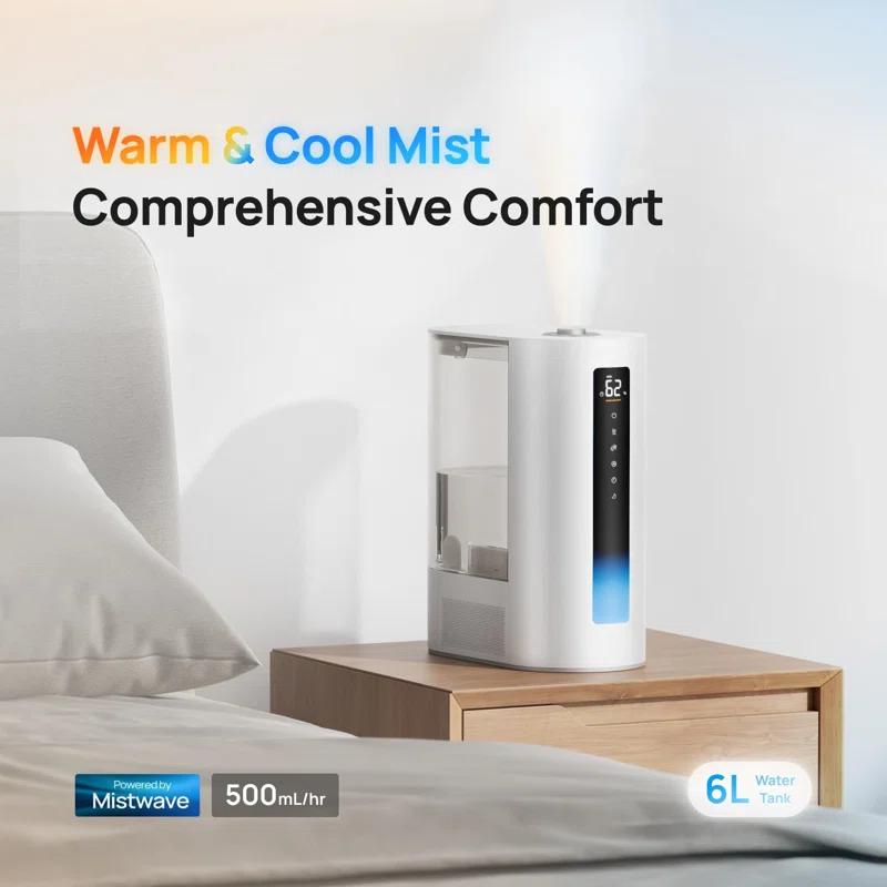 BEACHWATER POOL & SPA, LLC 6L Humidifier Large Room, Warm & Cool Mist Humidifiers For Bedroom, 60H Runtime, 12H Timer, Top Fill, Oil Diffuser, Humidity Indicator Light, Baby, Plants, Easy Clean