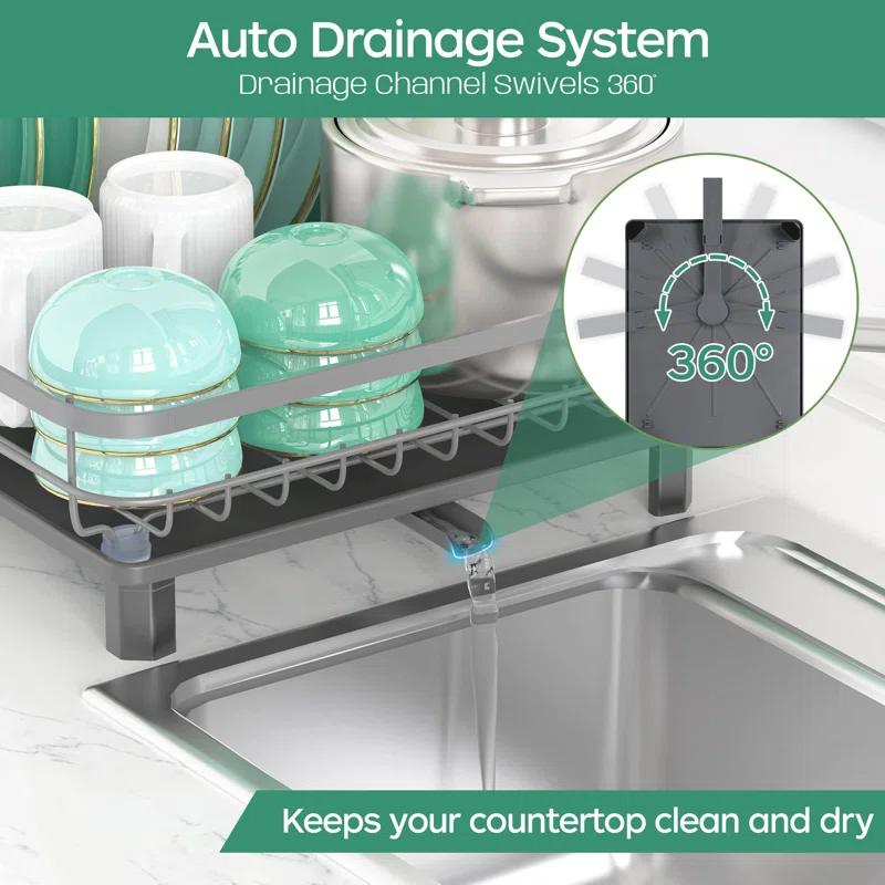 R&M Furniture Stainless Steel Rustproof Dish Drying Rack - Sturdy Dish Drainer for Kitchen Countertops with Drainer Plate, Multifunctional Design, Suitable for a Variety of Kitchen Utensils, Dimensions 16.2“ (L) x 12.6” (W)