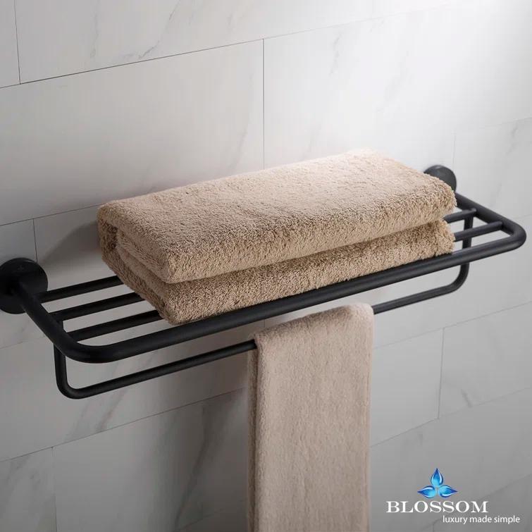 Blossom 500 Series Wall-Mounted Towel Rack with Shelf and Bar – Solid Brass Bathroom Accessory for Shower or Vanity, Space-Saving Lavatory Towel Holder BA02 509 04