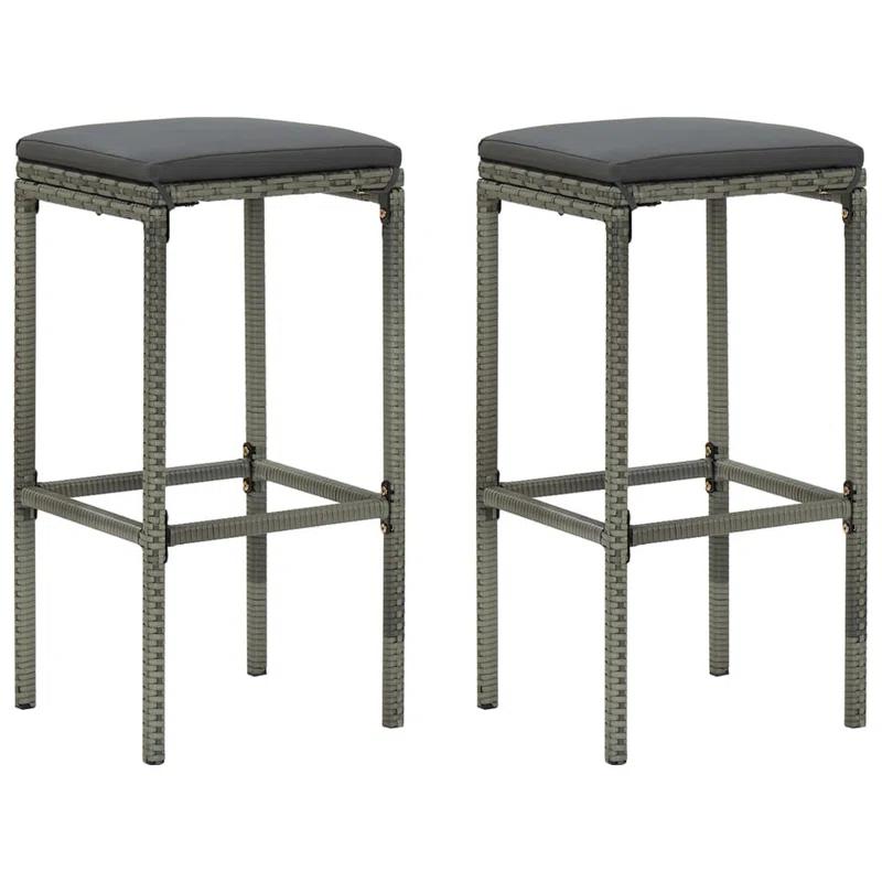 Benjara Outdoor Barstool Set Of 2 With Cushions, Gray Poly Rattan And Steel (Set of 2)