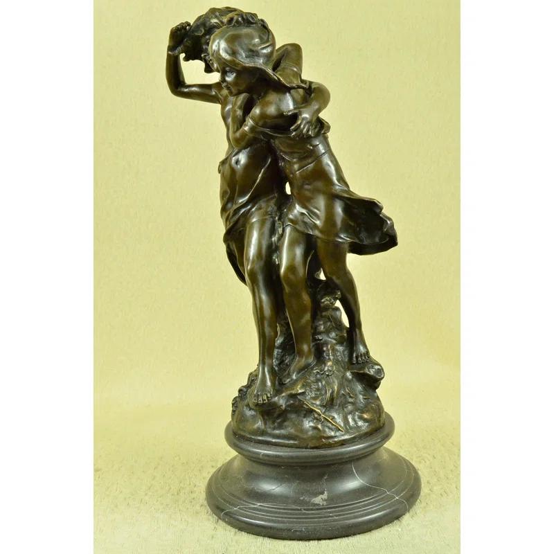 Bloomsbury Market Signed Original Boy And Girl Walking Outdoor Bronze Sculpture Marble Base Statue