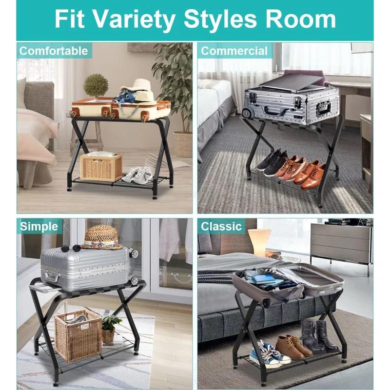 BINO Folding Luggage Rack With 2-Tiers Storage Shelf, Foldable Steel Frame Luggage Organizers For Suitcase, Metal Luggage Holder For Guest Room, Bedroom, Hotel, Closet, Black, 1Pack