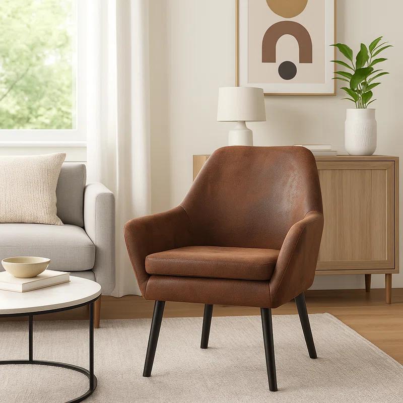 Ebern Designs Ringwold Mid-Century Modern Accent Armchair with Aged Fabric Upholstery, Solid Wood Legs