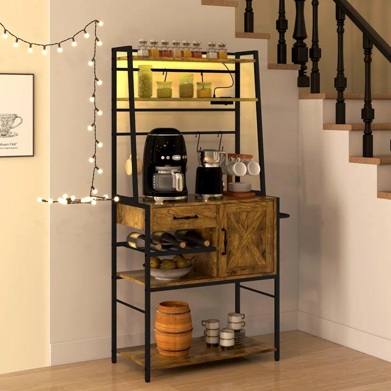 17 Stories Baker's Rack With Power Outlet And LED Lights Bar With Storage Shelves,Industrial Microwave Stand With Wine Bottle Rack,Drawer,Barn Door Cabinet