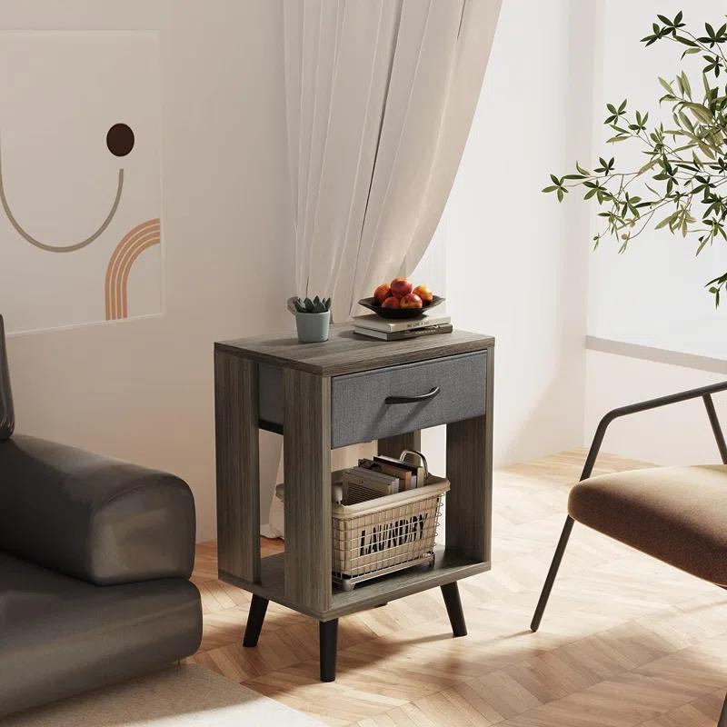 Nightstands Set Of 2 With Fabric Storage Drawer And Open Wood Shelf, Side Table With Storage For Bedroom, Bedside Tables - 23.7" H