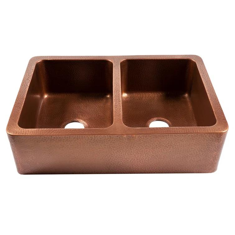 Sinkology Adams Copper 33" Double Bowl Farmhouse Apron Front Undermount Kitchen Sink K2A-1005ND