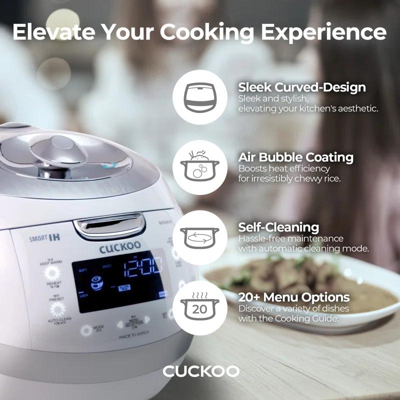 Cuckoo Electronics CUCKOO  6-Cup  Induction Heating Pressure Rice Cooker with Nonstick Inner Pot, 16 Menu Modes, Fuzzy Logic Tech, 3 Voice Guide, Auto Clean (White) CRP-BHSS0609F
