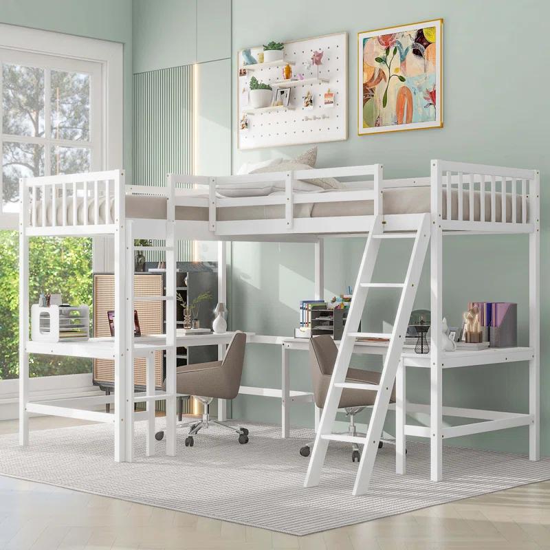 Blendoi Brooke Wood Twin Size L-Shaped Loft Bed with Ladder and 2 Built-in L-Shaped Desks, White