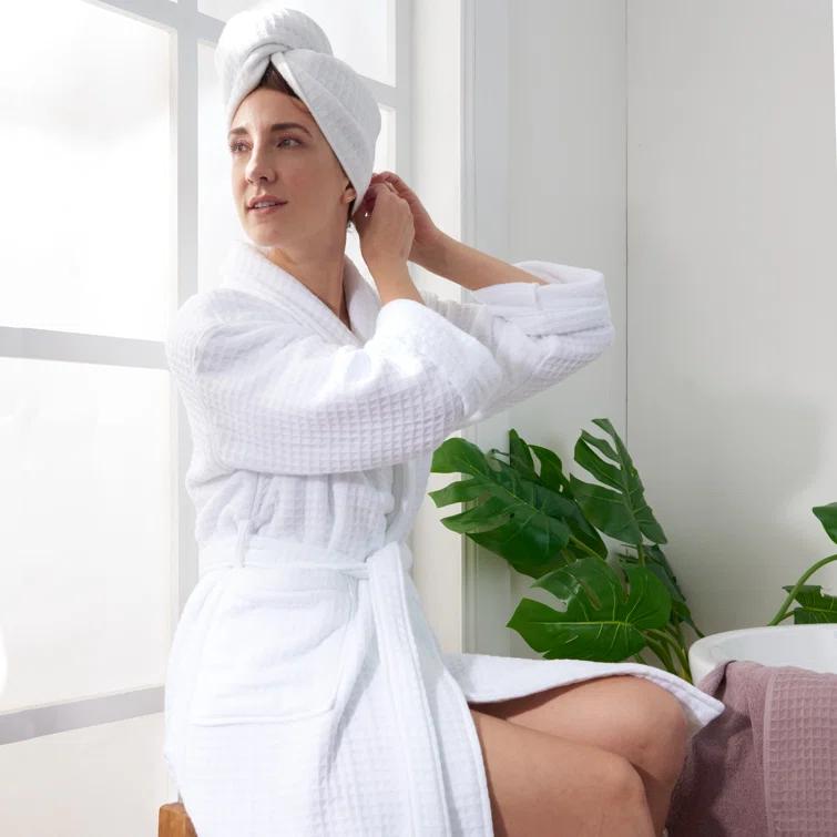 Uchino Cotton Waffle Mid-Calf Bathrobe with Pockets