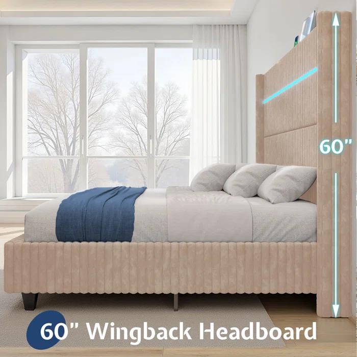 Ivy Bronx LED Bed Frame, Corduroy Upholstered Platform with 60" Tall Headboard & Charging Station