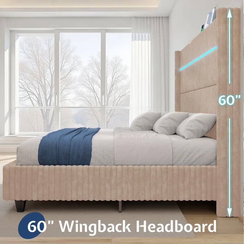 Ivy Bronx LED Bed Frame, Corduroy Upholstered Platform with 60" Tall Headboard & Charging Station