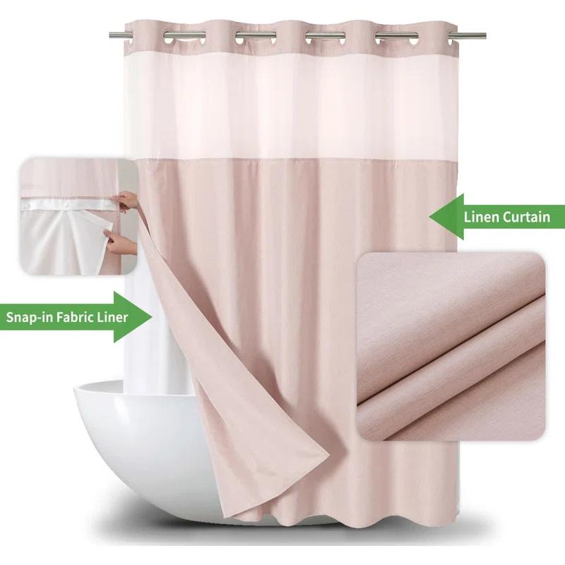 Latitude Run® No Hooks Needed Linen Textured Shower Curtain with Snap-in Fabric Liner Set,with Mesh Top Window