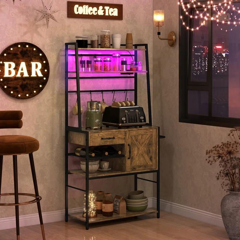 17 Stories Baker's Rack With Power Outlet And LED Lights Bar With Storage Shelves,Industrial Microwave Stand With Wine Bottle Rack,Drawer,Barn Door Cabinet