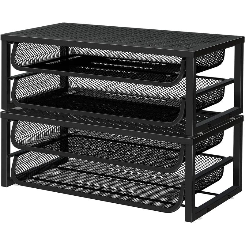 Inbox Zero 2 Pack 2-Tier Metal Monitor Stand Riser And Computer Desk Organizer With 2 Drawer For Laptop, Computer, Imac, Black