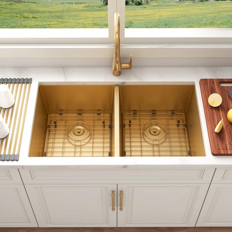 Blenzia 32 Inch Gold Double Bowl Kitchen Sink Undermount 50/50 Stainless Steel 16 Gauge Sinks 32" X 18" X 10"
