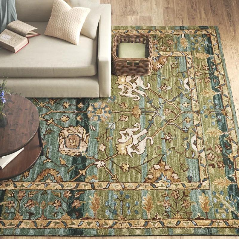 Corla Floral Handmade Tufted Wool Green/Tan/Blue Area Rug