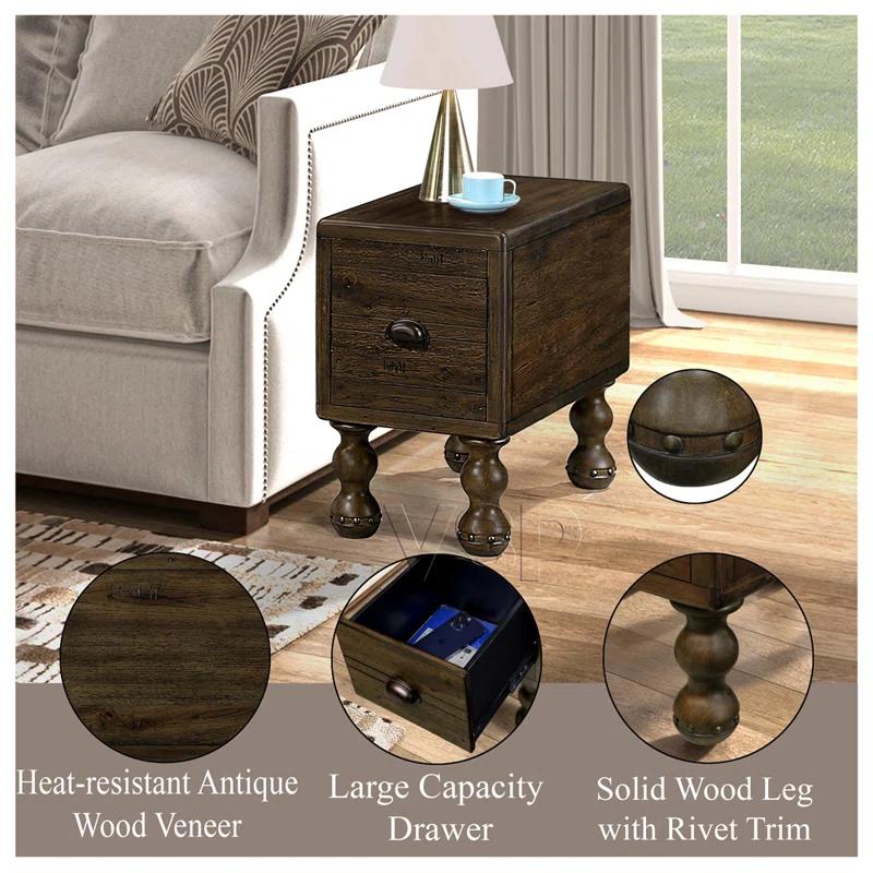 MSTYLE Solid Wood End Table, Rectangle 23.6 Inch Narrow Side Table With Drawer, Vintage Bedside Table Nightstand For Small Spaces, Living Room, Bedroom