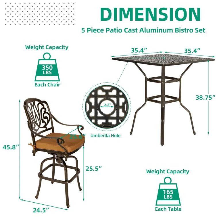 Bloomsbury Market Bloomsbury Market 5-piece Bar Height Patio Dining Set, All Weather Cast Aluminum Outdoor Table And Chairs Set With 4 Swivel Bar Stools, Cushions & 35.38" High Bar Table W/umbrella Hole For Deck, Lawn, Garden