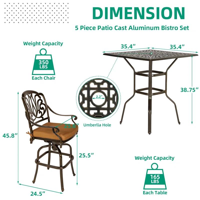 Bloomsbury Market Bloomsbury Market 5-piece Bar Height Patio Dining Set, All Weather Cast Aluminum Outdoor Table And Chairs Set With 4 Swivel Bar Stools, Cushions & 35.38" High Bar Table W/umbrella Hole For Deck, Lawn, Garden