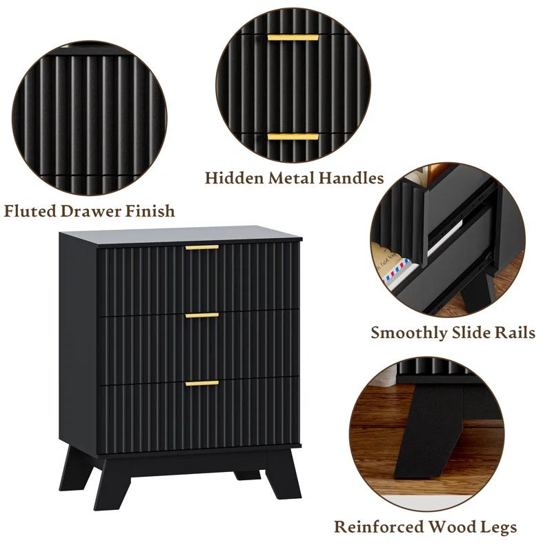 George Oliver Fluted Dresser For Bedroom With 3 Drawers Dresser Organizer, 23.6''W Wood Wide Chest of Drawers