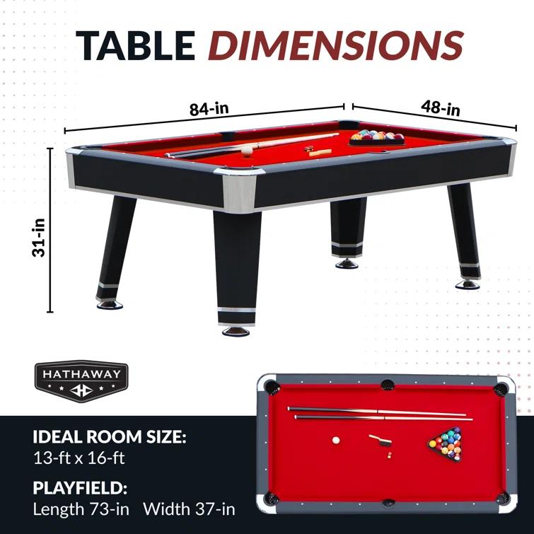 Hathaway Games Hathaway Jupiter 7 Ft Heavy Duty Pool Table – Includes Cue Sticks, Billiard Balls, Brush – Modern Look for Family Billiards Games Room – Red Felt with Black Finish
