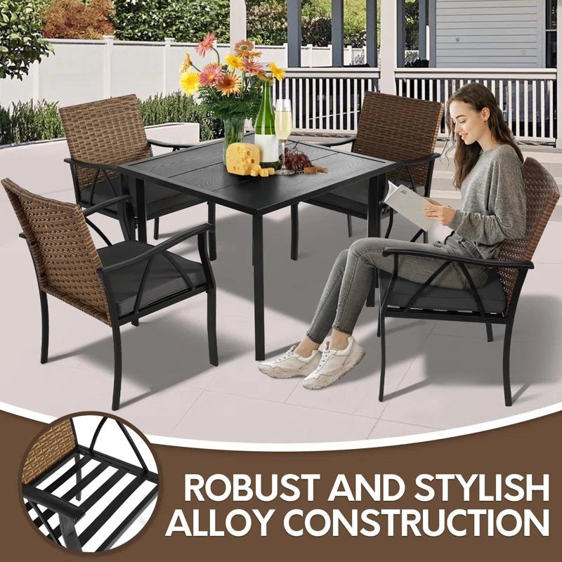 howcoolmall 5 Piece Patio Dining Set for 4, 4 Chairs with Cushions and 1 Square Table with 1.75” Umbrella Hole Outdoor Furniture Set, Black and Brown