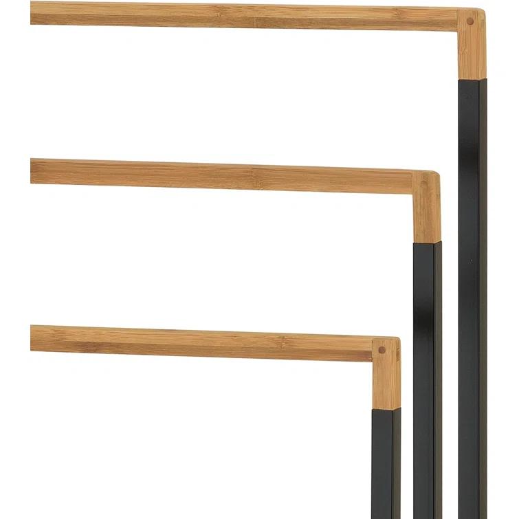 MyGift 33 Inch Black Chrome Plated Metal Freestanding Bathroom Towel Rack Stand with 3 Tier Bamboo Wood Bar, Laundry Room Drying Rack Stand