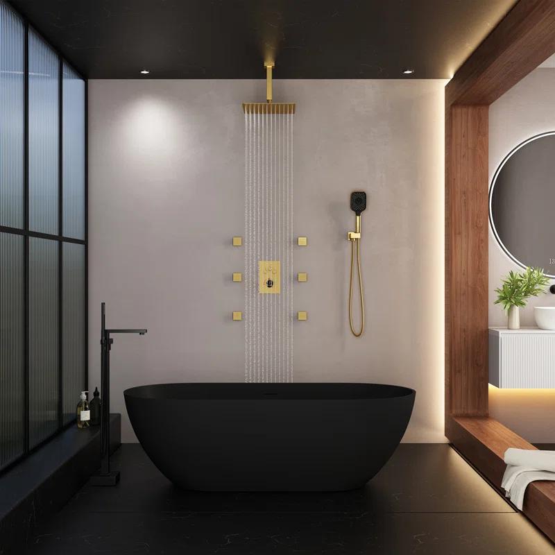 CASAINC CS6221-12BG Revitalize 3-Function 12 Inch Ceiling Mount Rainfall Thermostatic Shower System with 6 Body Jets