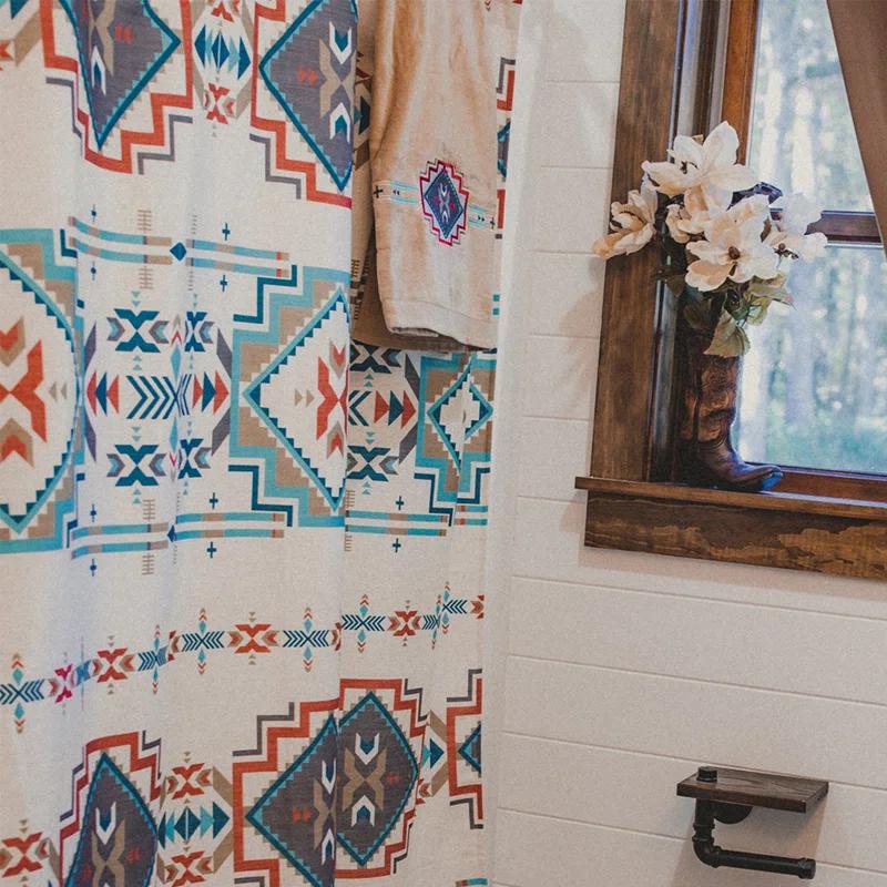 Paseo Road by HiEnd Accents Spirit Valley Red/Teal Aztec Print Southwestern Rustic Farmhouse 72x72 inch Shower Curtain + Hooks