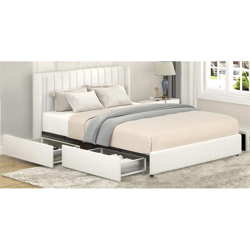 Latitude Run® Queen Size Ivory Boucle Bed Frame, Upholstered Platform Bed With 4 Drawers Storage, Tufted Headboard, Wooden Slat Mattress Support, No Box Spring Needed