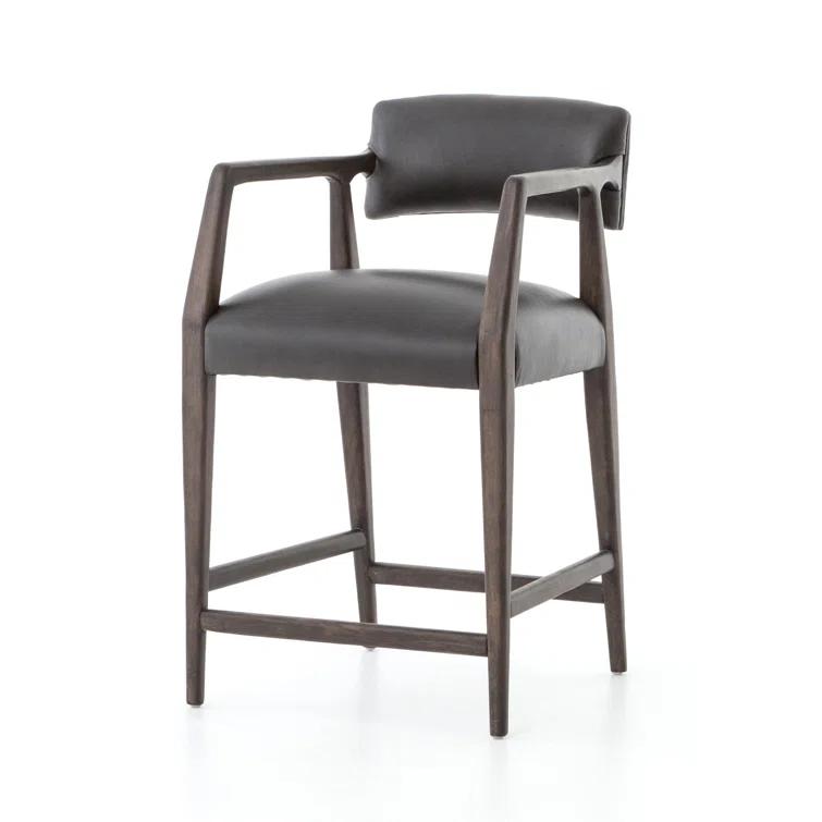 Black Leather and Wood Contemporary Bar Stool