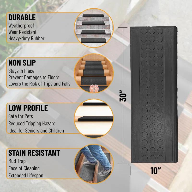 Ottomanson Waterproof, Low Profile Non-Slip Indoor/Outdoor Black Rubber Stair Treads, 10 in. x 25.5 in. & Reviews | Wayfair