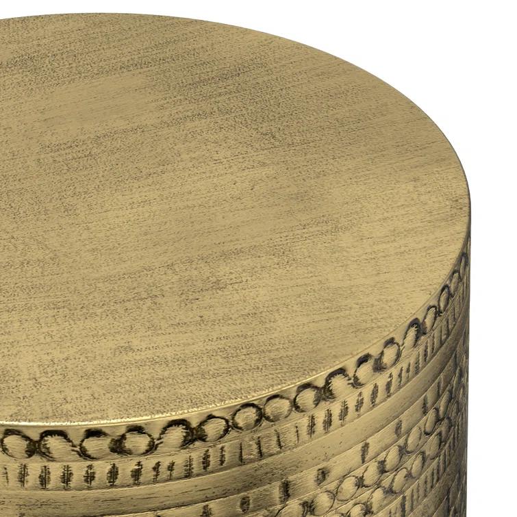 Bungalow Rose Johnsen 15"W Metal Industrial Boho Tribal Pattern Drum End Table with Textured Finish, Assembled