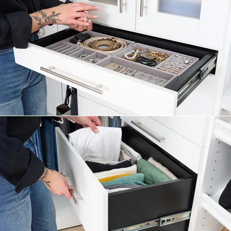 Bestar Florence Modular Reach-In Or Walk-In Closet System Tower With Shelves And 4 Drawers, Slab Style