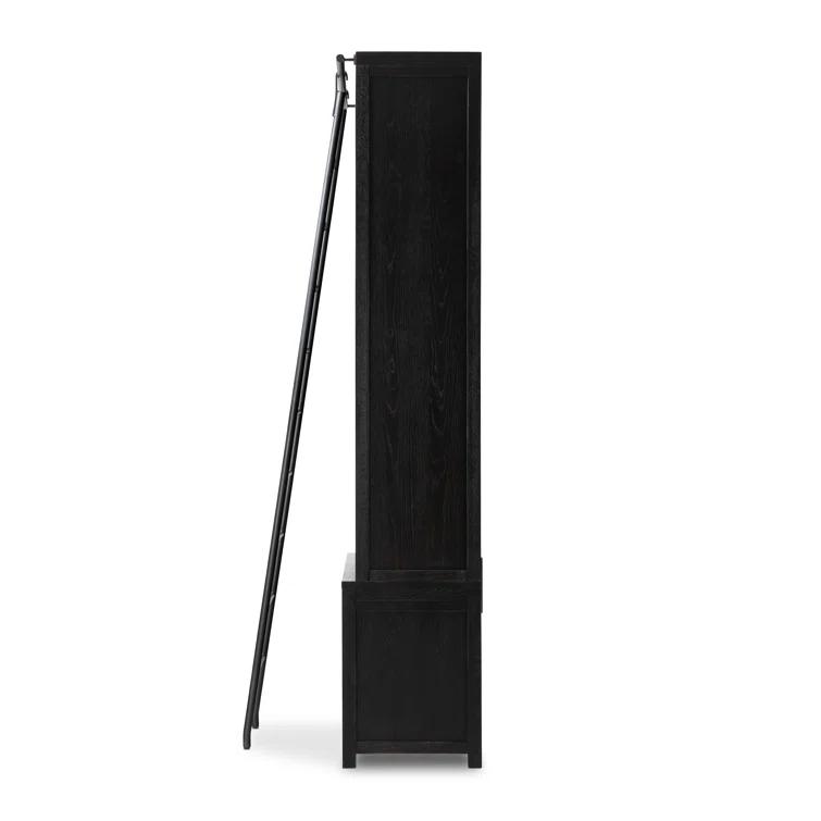 Worn Black Oak Double Bookcase with Iron Ladder