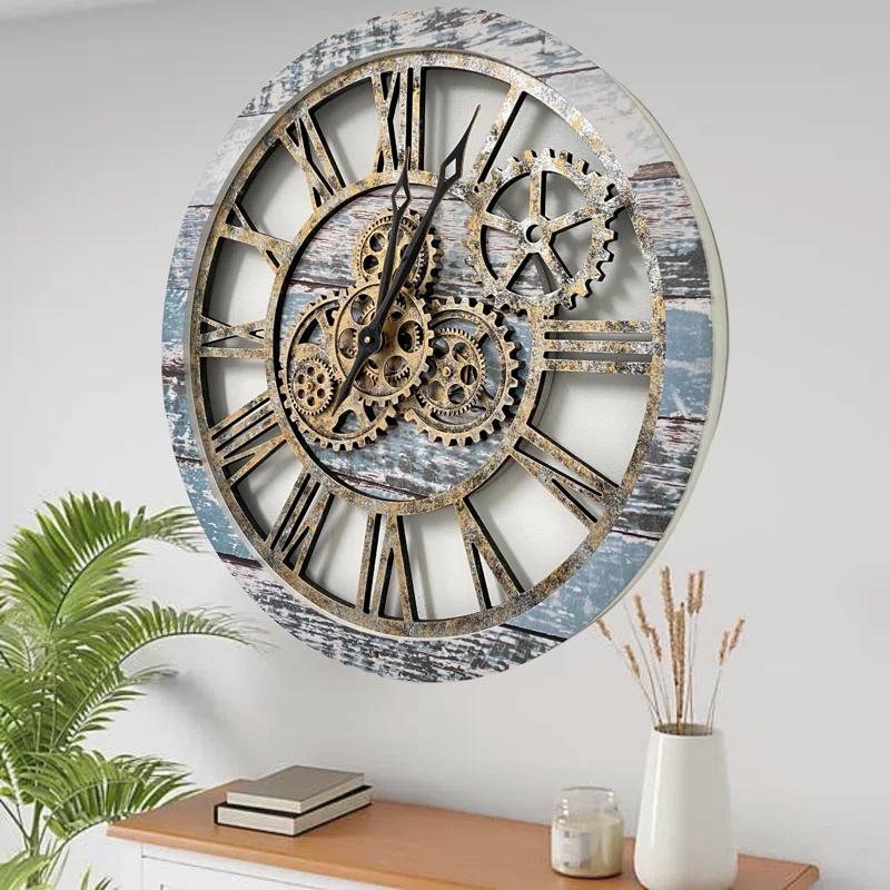 The Gears Clock Wall Clock 24" Round Oversized for Living Room decor with Real Moving Gears America Collection