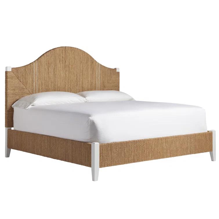 King Transitional Brown Pine Upholstered Panel Bed