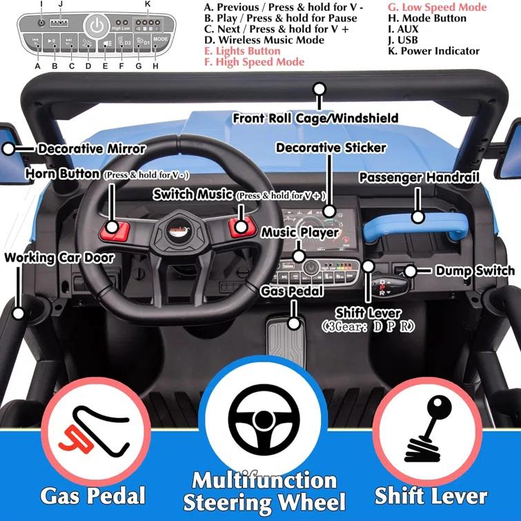JOYRACER 24V 2 Seater Ride On Dump Truck with Remote Control , Electric UTV Car with Electric Dump Bed, 4WD Power Ride Cars W/6 Wheels Ride On Toys with Shovel Music Player