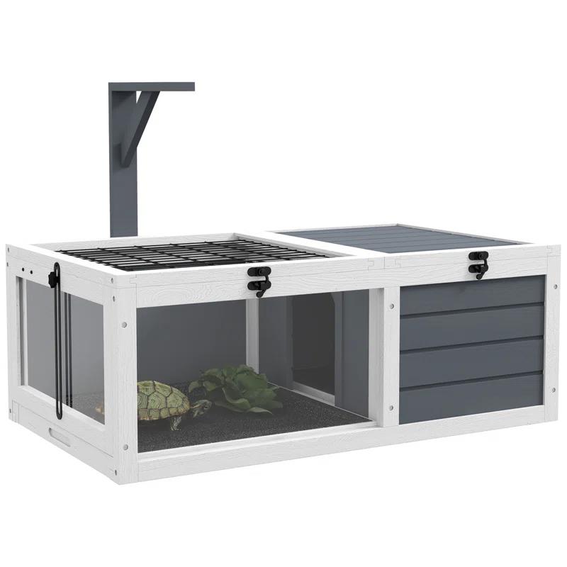 Tucker Murphy Pet™ Tortoise Habitat, Wooden Tortoise House, Indoor Outdoor Tortoise Enclosure With Lamp Holder, Pull-Out Waterproof Trays, Openable Lids, Gray