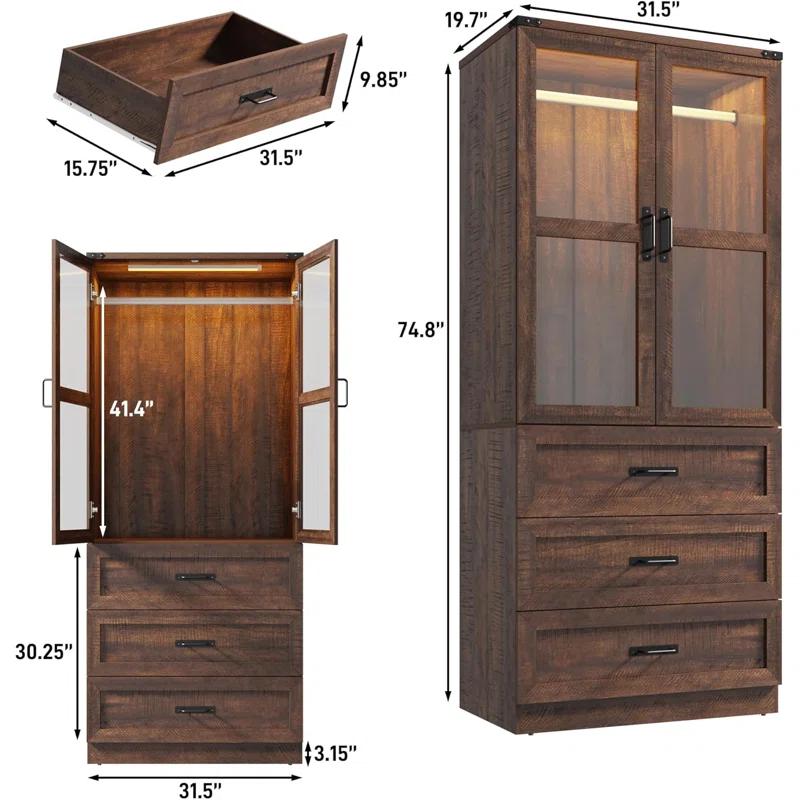 Ivy Bronx 75" Tall Farmhouse 2 Doors Armoire Wardrobe Closet with 3 Drawers and LED,Freestanding Closet