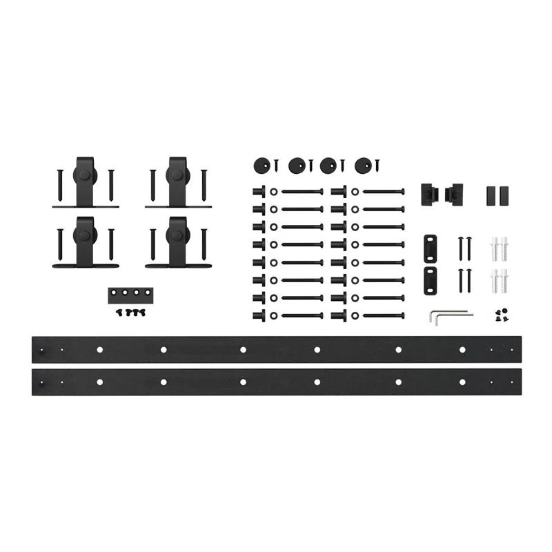 American Pro Decor 8 ft Solid Steel Mini Sliding Rolling Barn Door Hardware Kit for Double Wood Doors (2-Piece)