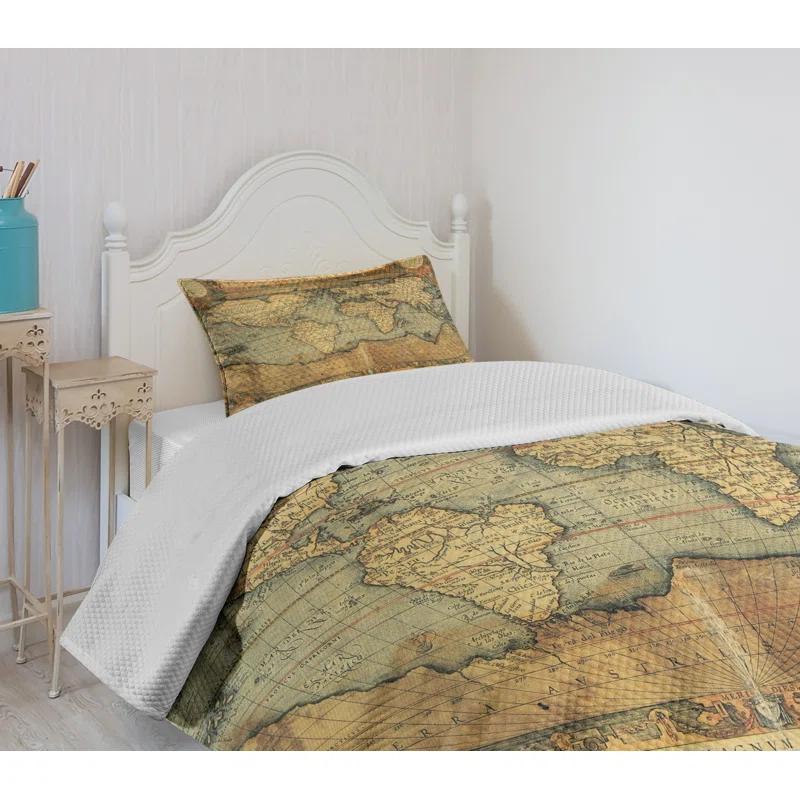 Ambesonne Ambesonne World Map Bedspread Set Retro Atlas Illustration Sand Brown Slate Blue