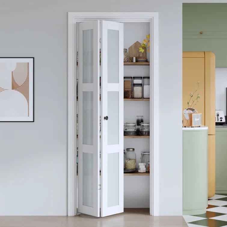 EASELIFE Frosted Glass And Solid Manufactured Wood Bi-Fold Door With Installation Hardware Kit
