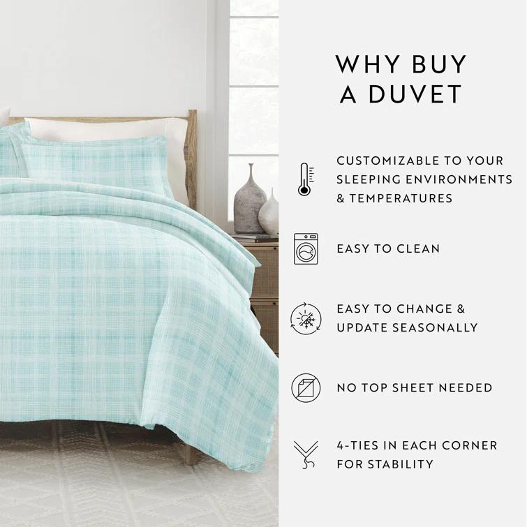 Aqua Plaid Microfiber Full/Queen Duvet Cover Set with Shams